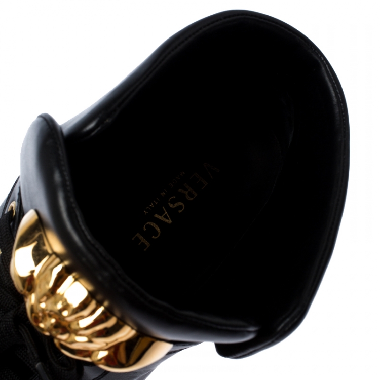 Pre Owned Versace Black Leather Medusa Lace High Top Sneakers Size 44