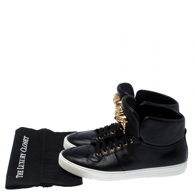 Pre Owned Versace Black Leather Medusa Lace High Top Sneakers Size 44