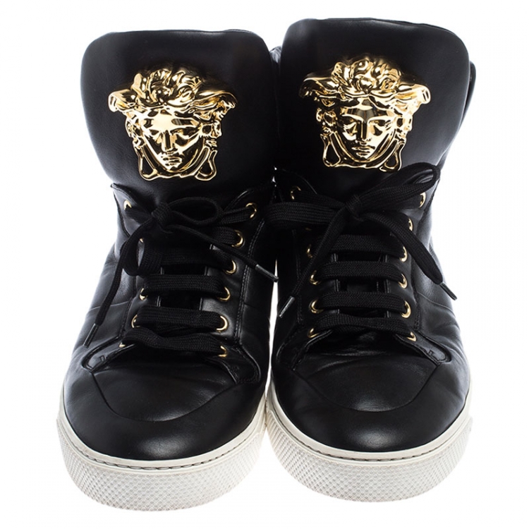 Pre Owned Versace Black Leather Medusa Lace High Top Sneakers Size 43