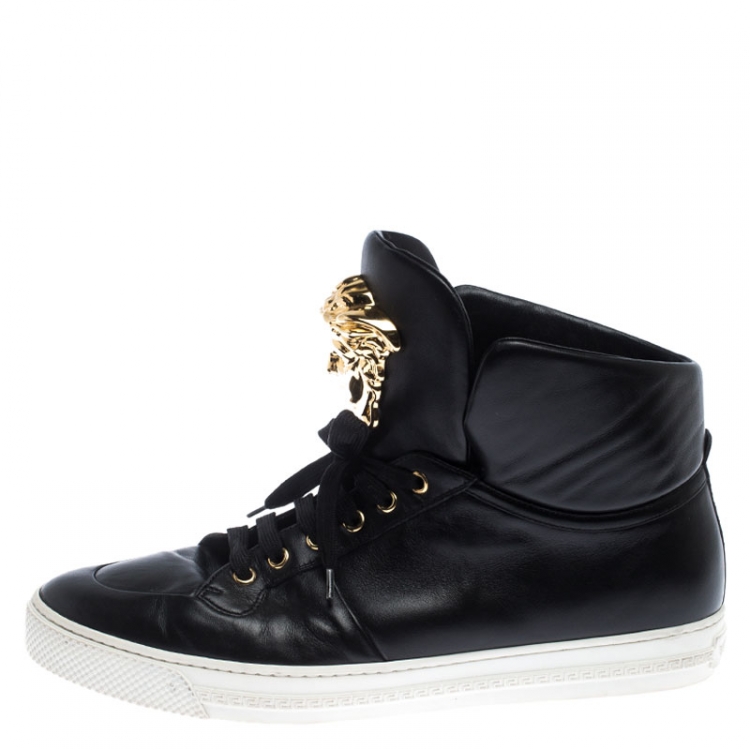 Pre Owned Versace Black Leather Medusa Lace High Top Sneakers Size 43