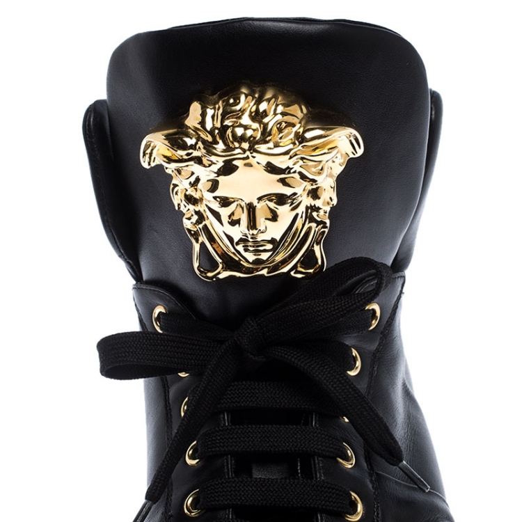 Pre Owned Versace Black Leather Medusa Lace High Top Sneakers Size 43