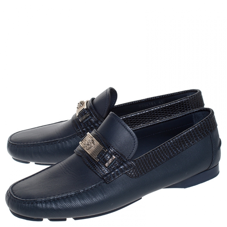Pre Owned Versace Blue Leather Medusa Detail Slip On Loafers Size 41