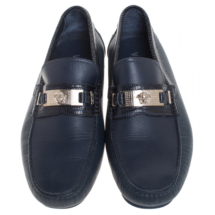 Pre Owned Versace Blue Leather Medusa Detail Slip On Loafers Size 41