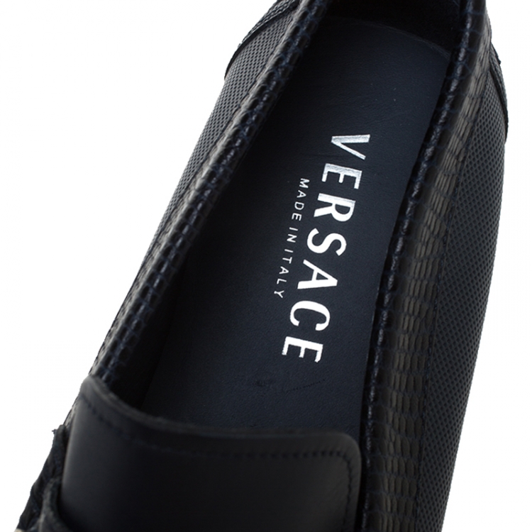 Pre Owned Versace Blue Leather Medusa Detail Slip On Loafers Size 41