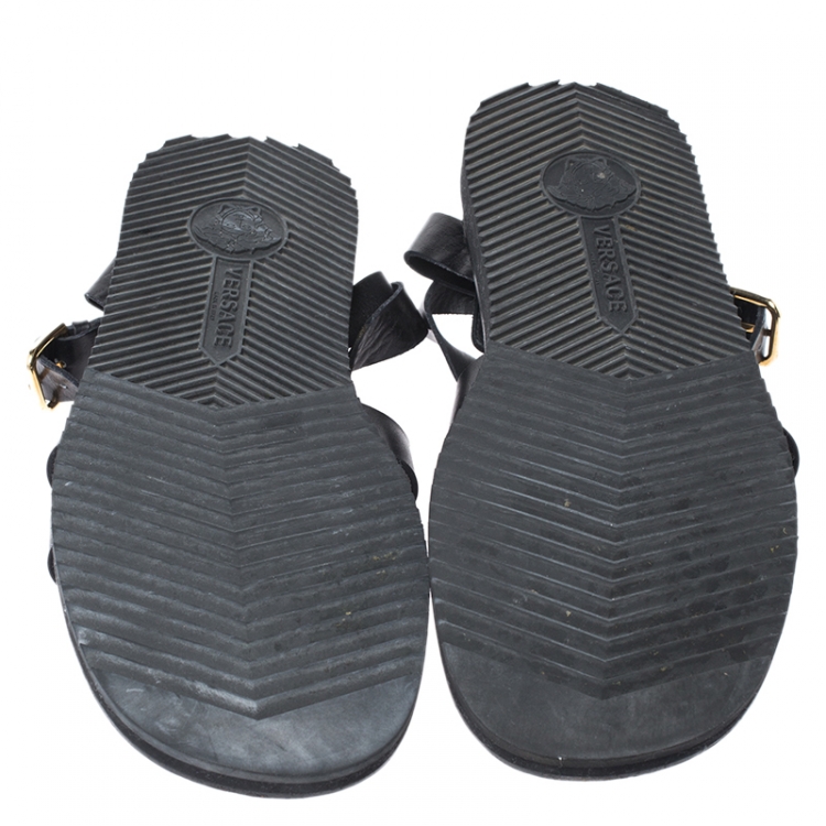 Pre Owned Versace Black Leather Medusa Gladiator Flat Sandals Size 43