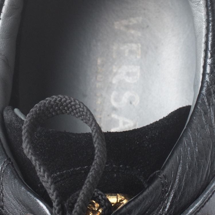 Pre Owned Versace Black Leather Gold Plate Low Top Sneakers Size 42