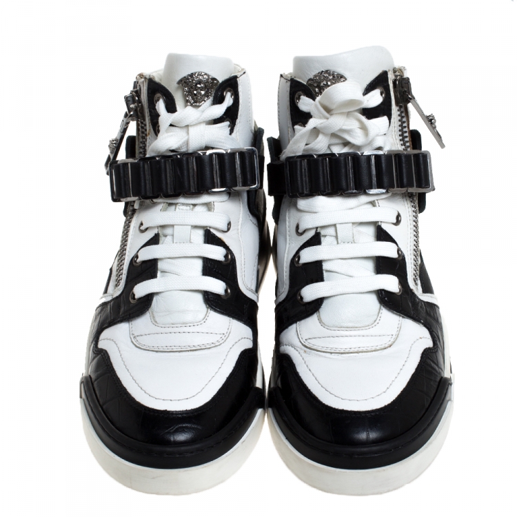 Pre Owned Versace Black/White Leather High Top Sneakers Size 41