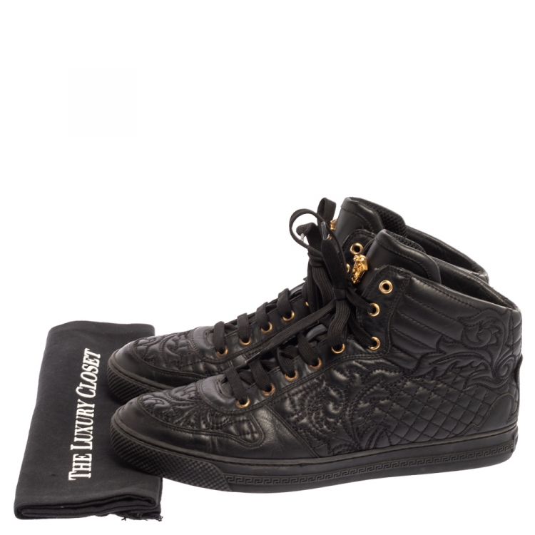 Pre Owned Versace Black Embroidered Leather Medusa High Top Sneakers Size 43