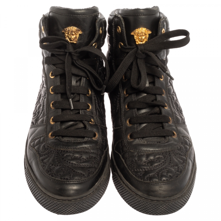 Pre Owned Versace Black Embroidered Leather Medusa High Top Sneakers Size 43