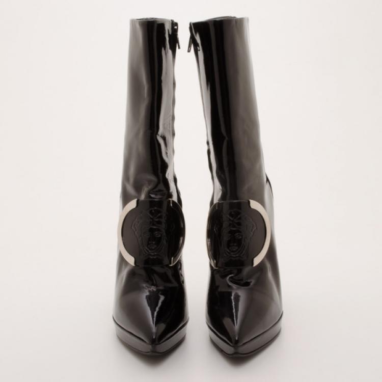 Pre Owned Versace Patent Leather Medusa Stamp Boots Size 38