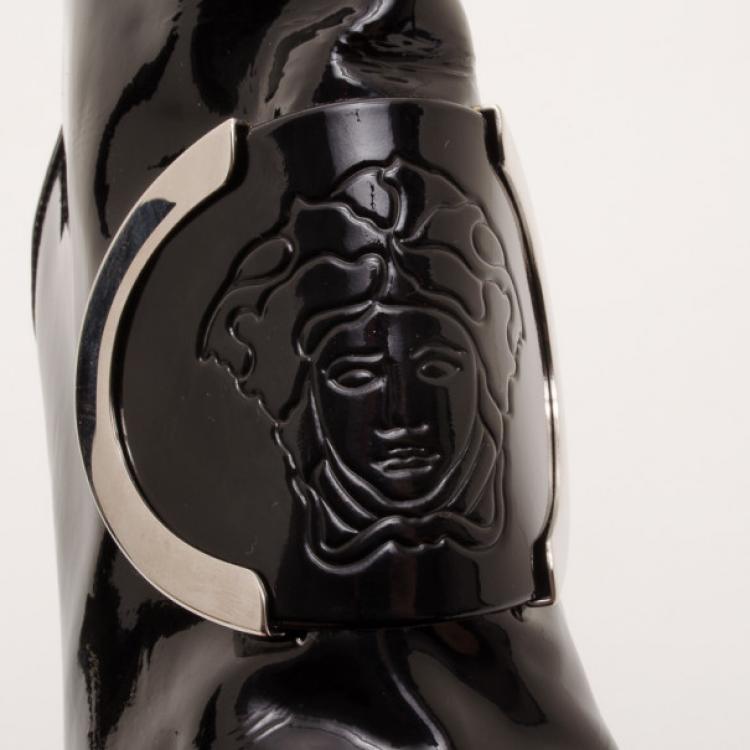 Pre Owned Versace Patent Leather Medusa Stamp Boots Size 38