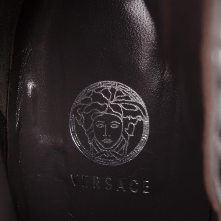 Pre Owned Versace Patent Leather Medusa Stamp Boots Size 38
