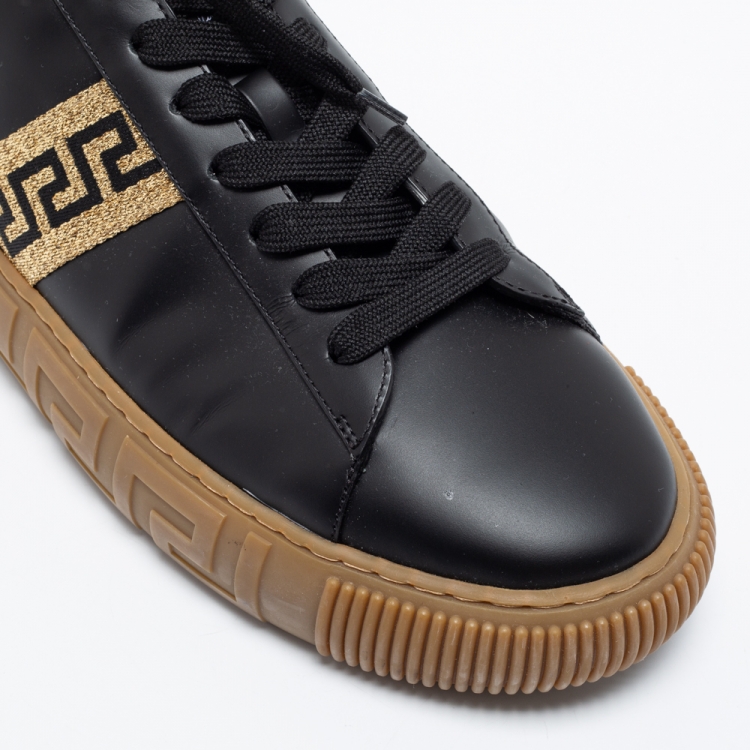 Pre Owned Versace Black/Gold Leather Greca Low Top Sneakers Size 45