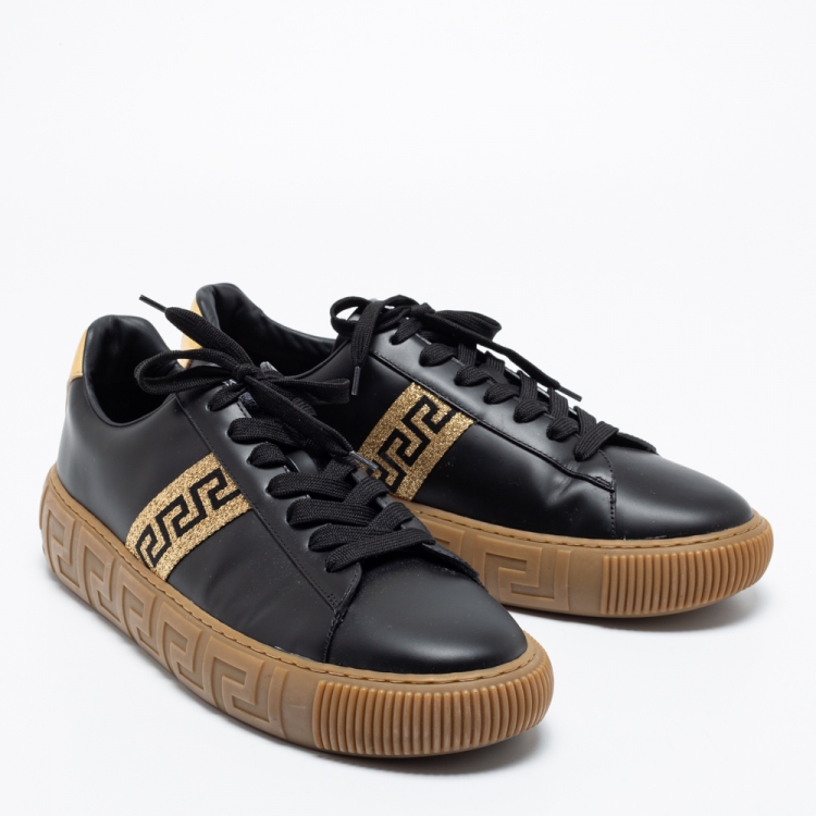 Pre Owned Versace Black/Gold Leather Greca Low Top Sneakers Size 45