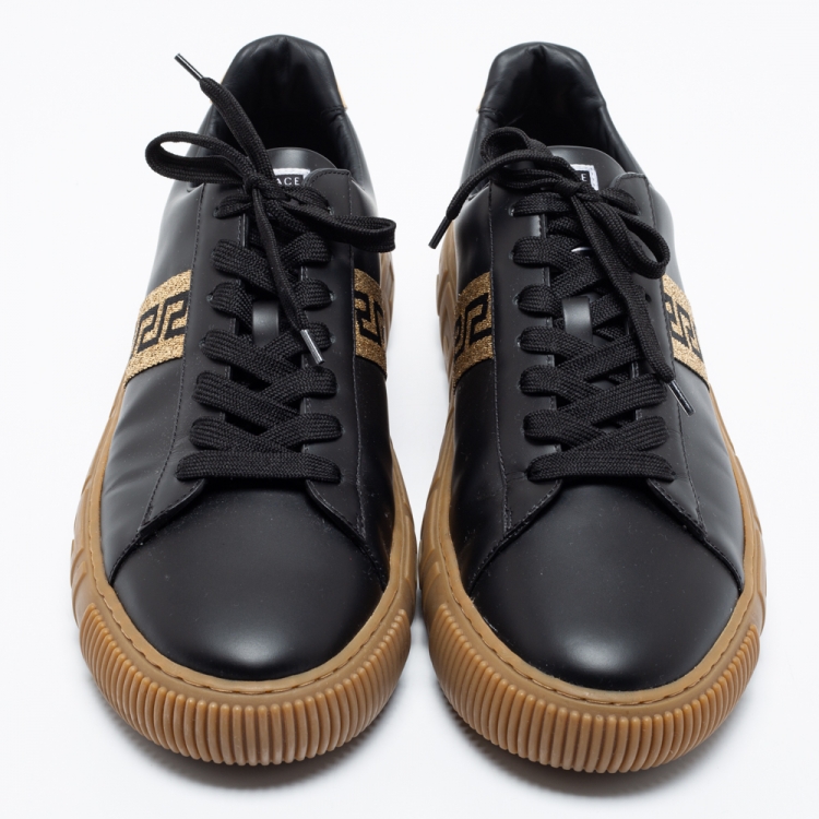 Pre Owned Versace Black/Gold Leather Greca Low Top Sneakers Size 45