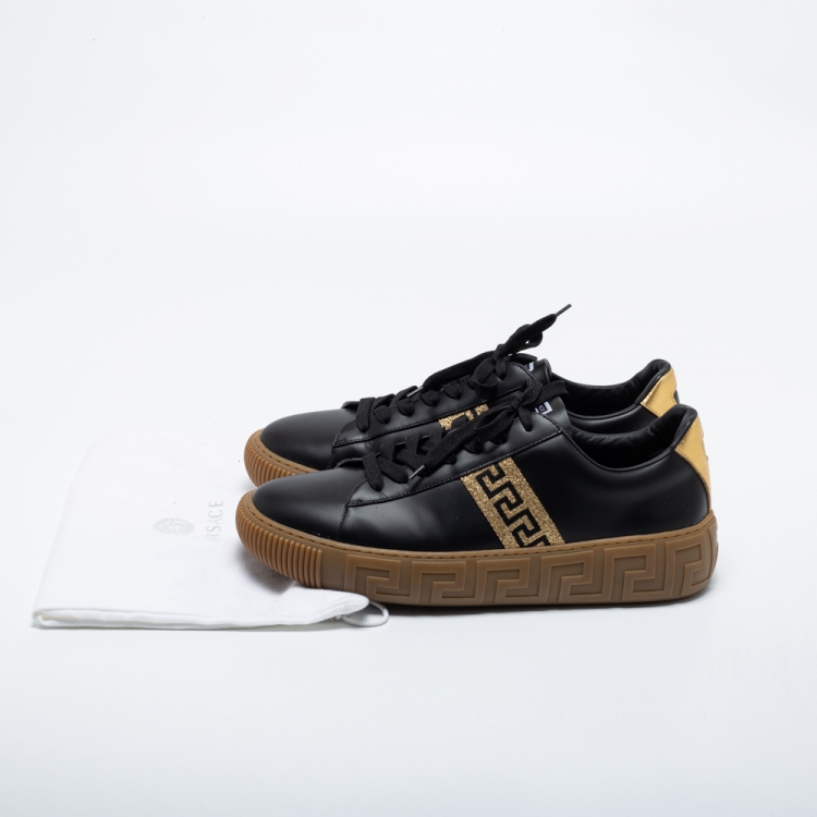 Pre Owned Versace Black/Gold Leather Greca Low Top Sneakers Size 45