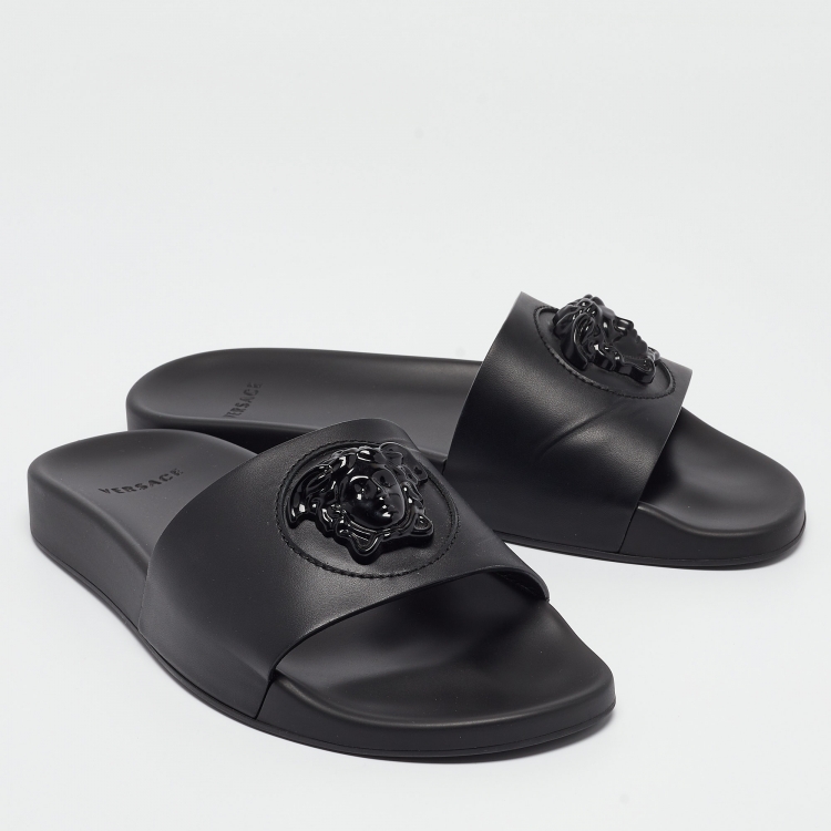 Pre Owned Versace Black Leather La Medusa Pool Slides Size 39