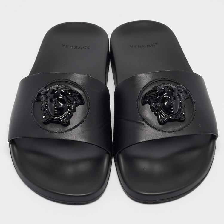 Pre Owned Versace Black Leather La Medusa Pool Slides Size 39