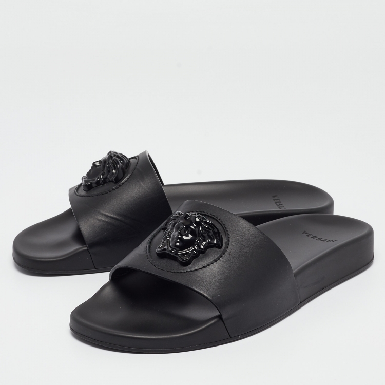 Pre Owned Versace Black Leather La Medusa Pool Slides Size 39