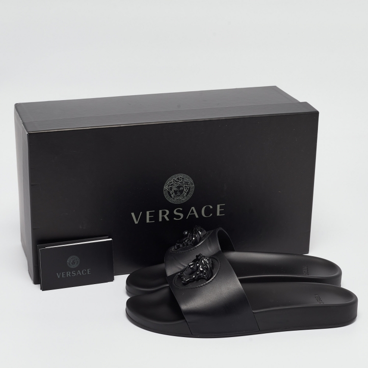 Pre Owned Versace Black Leather La Medusa Pool Slides Size 39