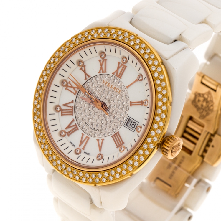 Pre Owned Versace White Mother of Pearl Diamond Stainless Steel Ceramic Unisex Men's Wristwatch 40MM