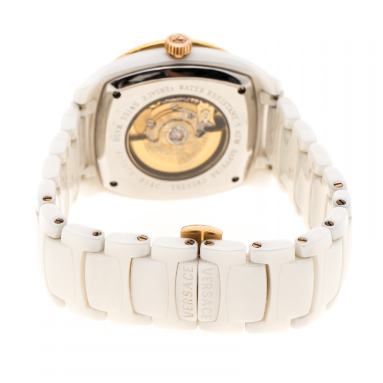 Pre Owned Versace White Mother of Pearl Diamond Stainless Steel Ceramic Unisex Men's Wristwatch 40MM