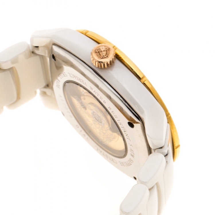 Pre Owned Versace White Mother of Pearl Diamond Stainless Steel Ceramic Unisex Men's Wristwatch 40MM