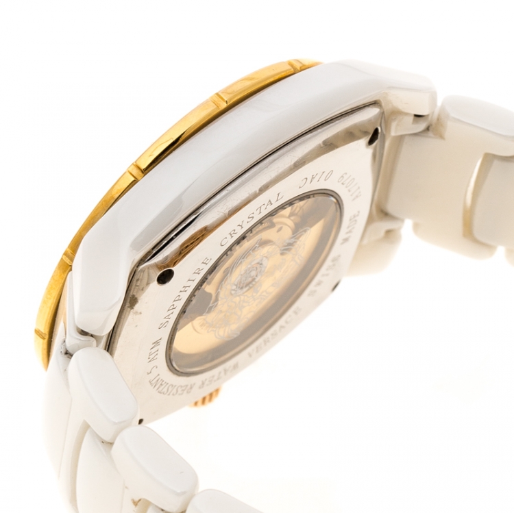 Pre Owned Versace White Mother of Pearl Diamond Stainless Steel Ceramic Unisex Men's Wristwatch 40MM