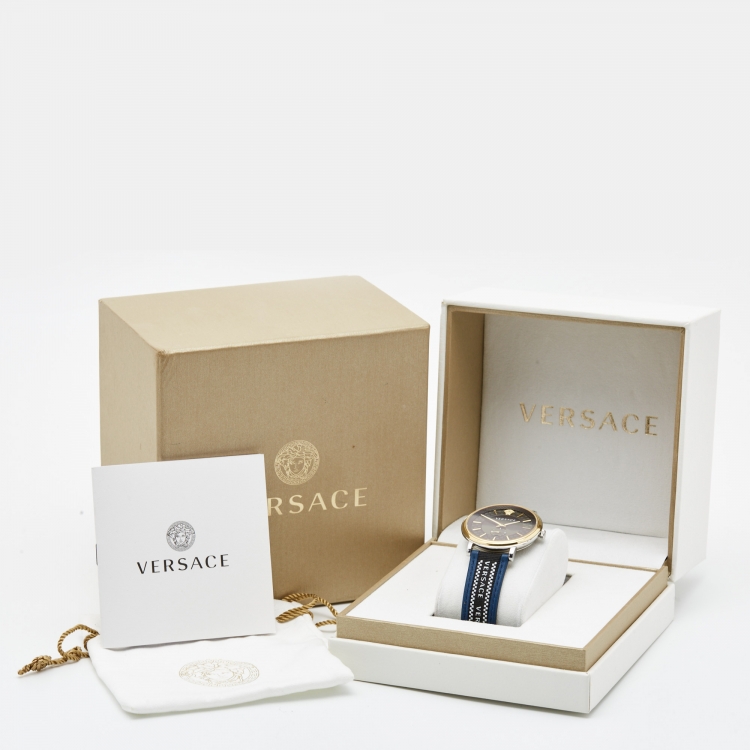 Pre Owned Versace Black Two Tone Stainless Steel Leather V-Circle VEBQ01419  Men's Wristwatch 42 mm