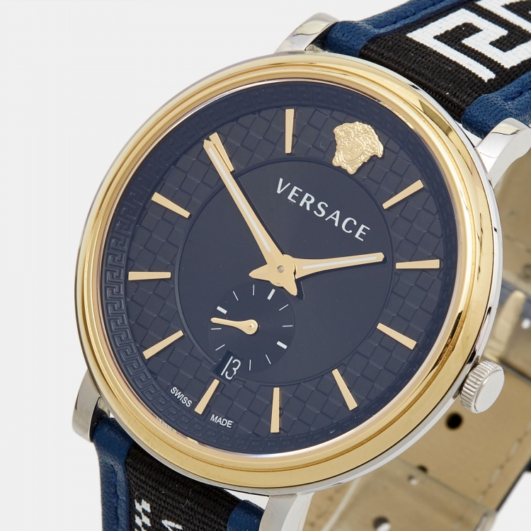Pre Owned Versace Black Two Tone Stainless Steel Leather V-Circle VEBQ01419  Men's Wristwatch 42 mm