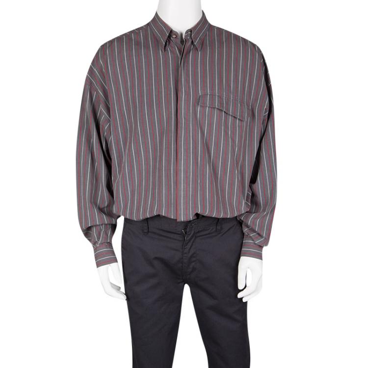 Pre Owned Versus Versace Grey and Red Striped Cotton Long Sleeve Button Front Shirt XXL