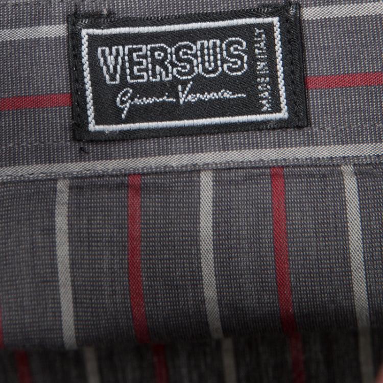 Pre Owned Versus Versace Grey and Red Striped Cotton Long Sleeve Button Front Shirt XXL