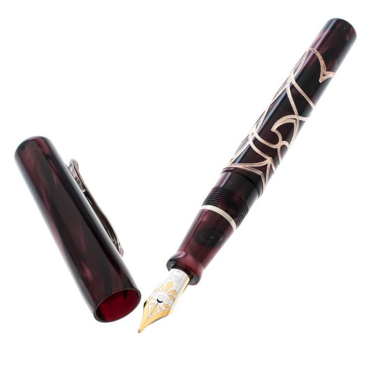 Pre Owned Visconti Richelieu Wine Resin Sterling Silver Filigree Limited Edition 057 Fountain Pen, with 18 K Two Tone Gold Nib M