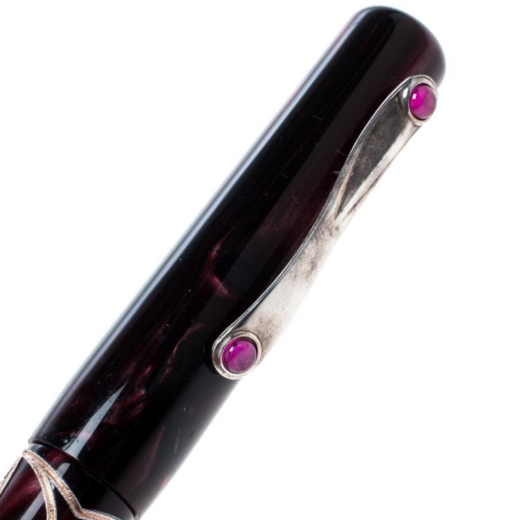 Pre Owned Visconti Richelieu Wine Resin Sterling Silver Filigree Limited Edition 057 Fountain Pen, with 18 K Two Tone Gold Nib M