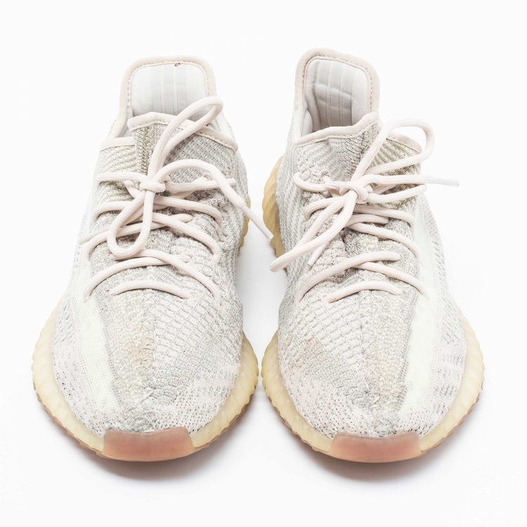 Pre Owned Yeezy x Adidas Beige/Grey Knit Fabric Boost 350 V2 Citrin Sneakers Size 43 1/3