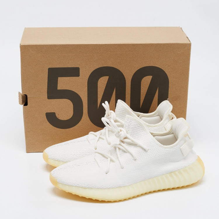 Pre Owned Yeezy x Adidas White Knit Fabric Boost 350 V2 Cream White Sneakers Size 48