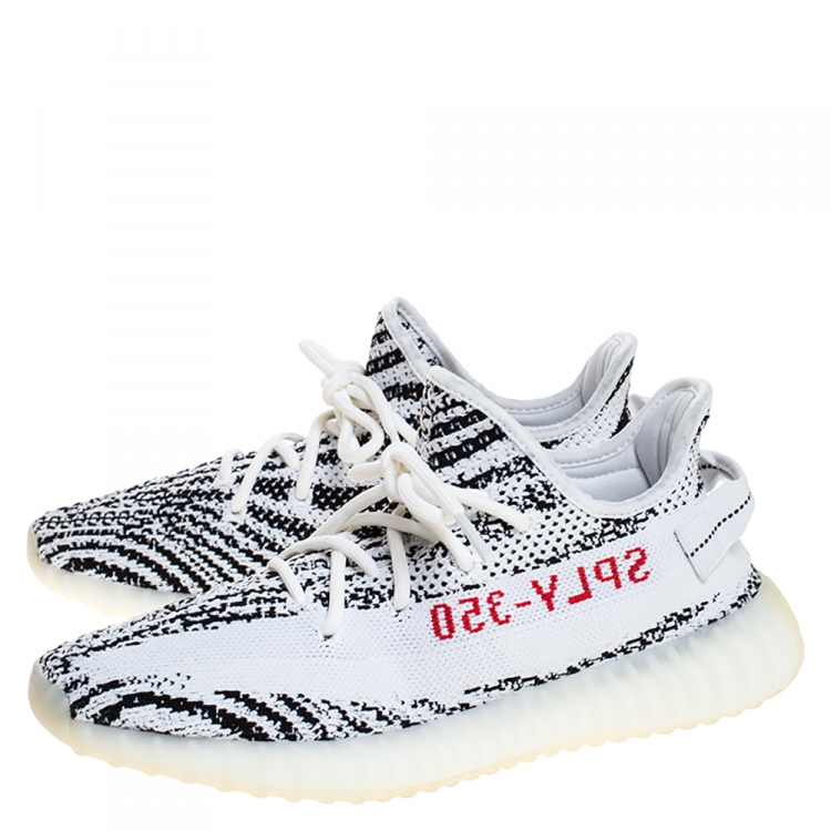 Pre Owned Yeezy x Adidas White/Black Cotton Knit Boost 350 V2 Zebra Sneakers Size FR 42.5