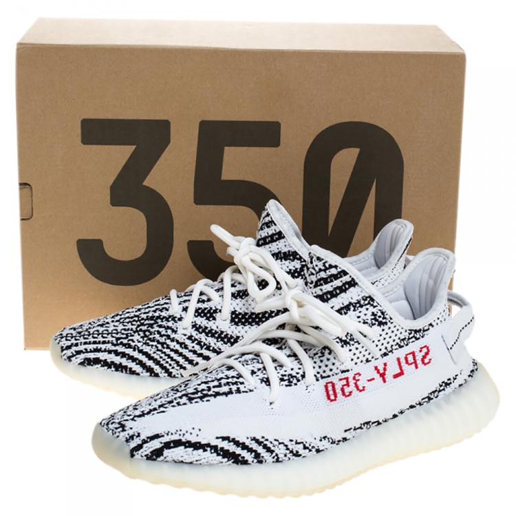 Pre Owned Yeezy x Adidas White/Black Cotton Knit Boost 350 V2 Zebra Sneakers Size FR 42.5