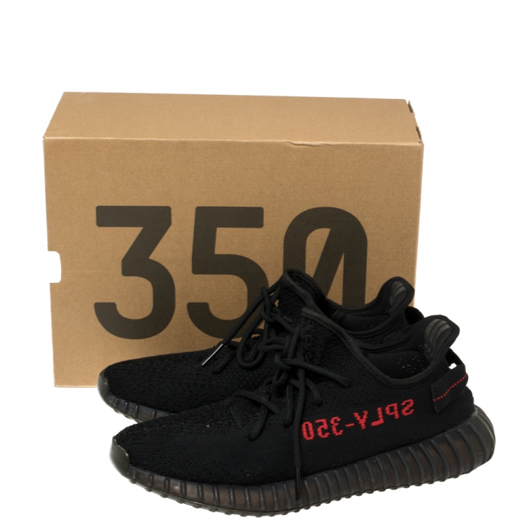 Pre Owned Yeezy x Adidas Black/Red Knit Fabric Boost 350 V2 Sneakers Size 42 2/3