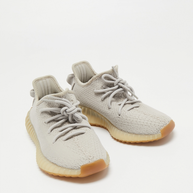 Pre Owned Yeezy x Adidas Grey Knit Fabric Boost 350 V2 Sesame Sneakers Size 38