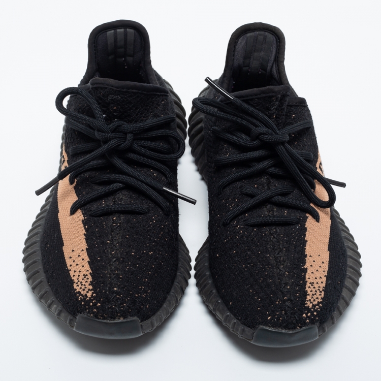 Pre Owned Yeezy x Adidas Black Knit Fabric Boost 350 V2 Copper Sneakers Size 38
