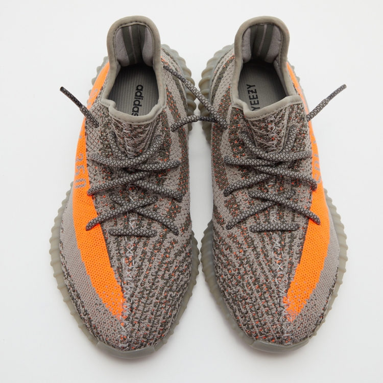 Pre Owned Yeezy x Adidas Grey/Orange Knit Fabric Boost 350 V2 Beluga Reflective Sneakers Size 41 1/3