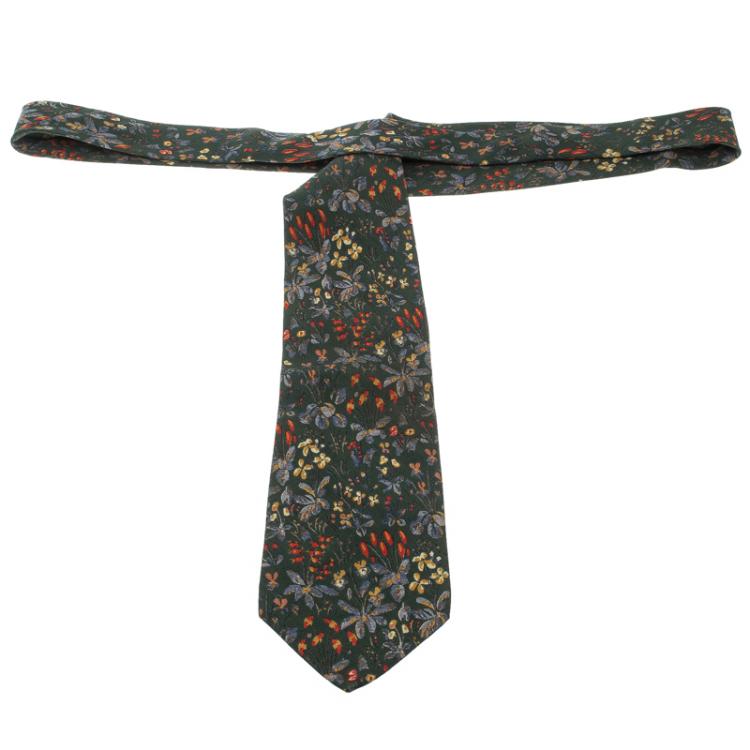 Pre Owned Yves Saint Laurent Bottle Green Floral Printed Silk Tie