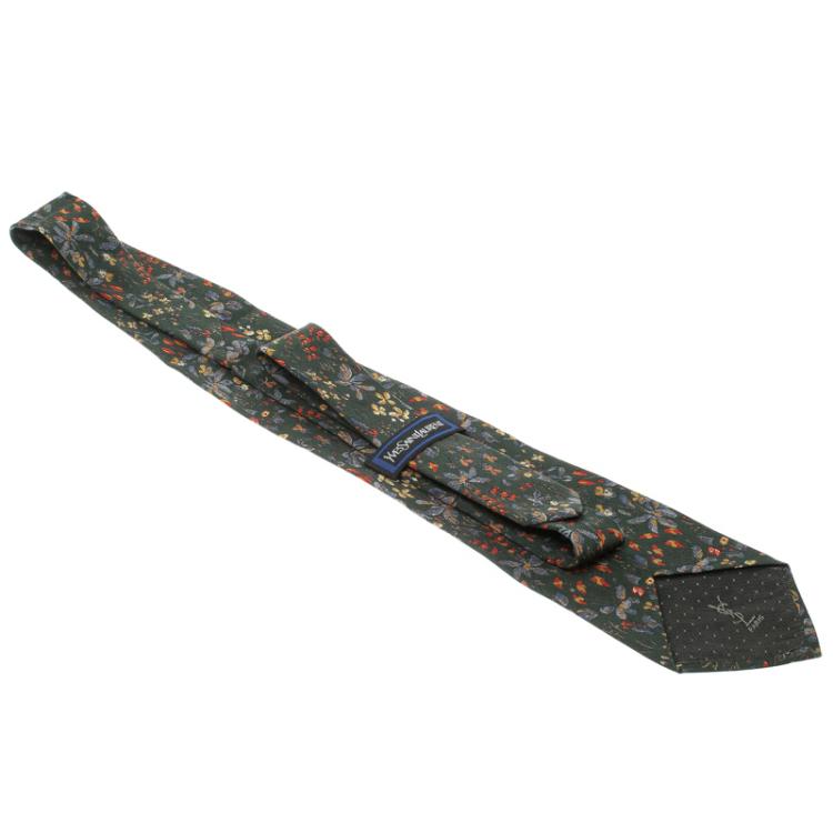 Pre Owned Yves Saint Laurent Bottle Green Floral Printed Silk Tie