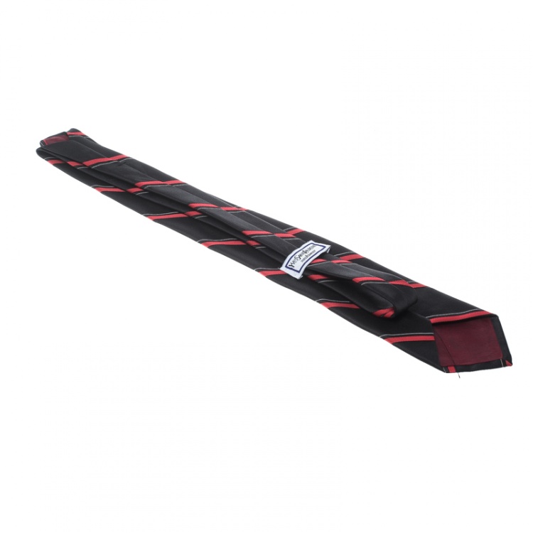 Pre Owned Yves Saint Laurent Vintage Black and Red Diagonal Striped Silk Tie