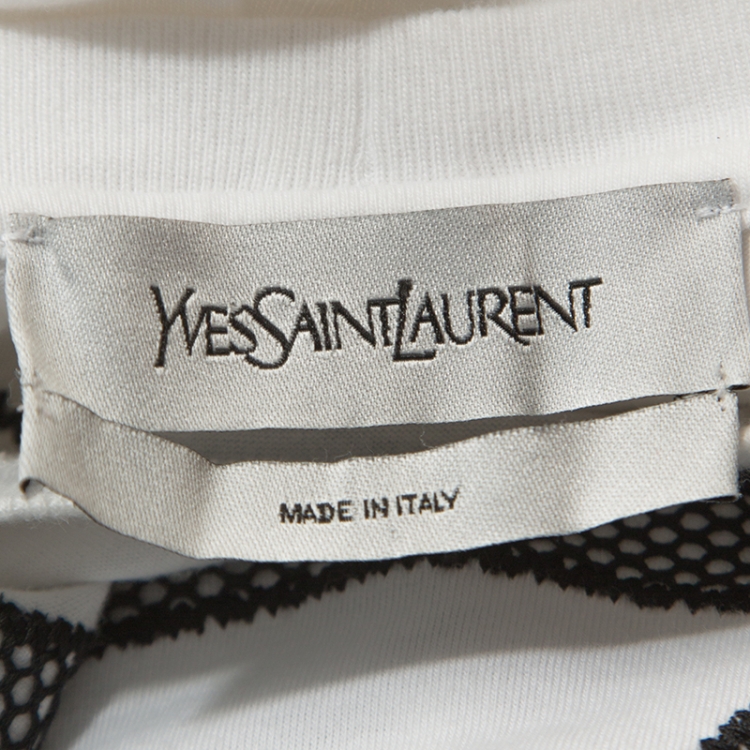 Pre Owned Yves Saint Laurent White Cotton Contrast Mesh Logo Detail T Shirt M 