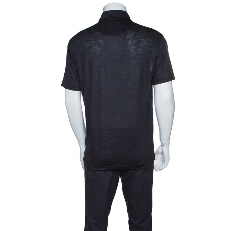 Pre Owned Z Zegna Techmerino Navy Blue Wool and Linen Slub Jersey Polo T-Shirt L
