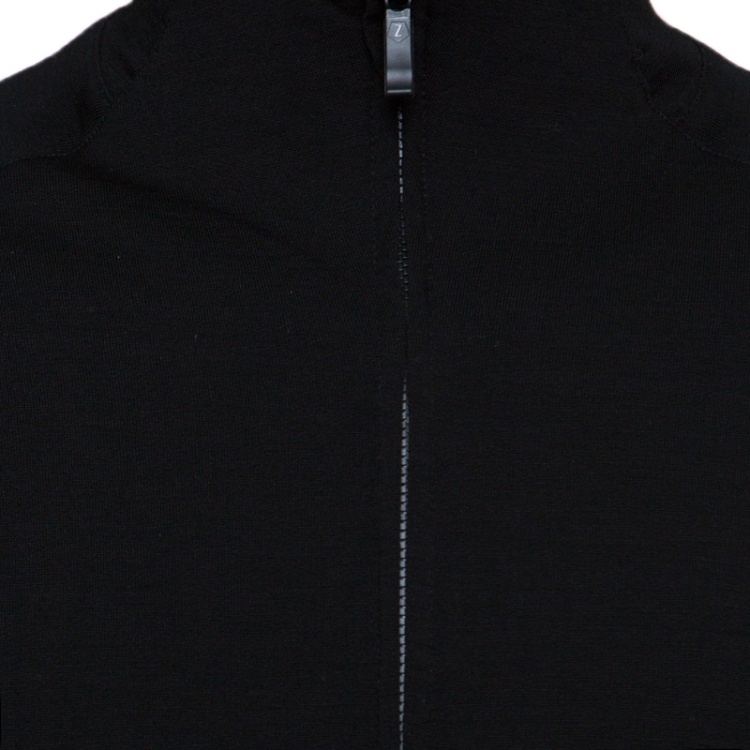 Pre Owned Z Zegna Technomerino Black Wool Contrast Neck Zip Front Sweatshirt M