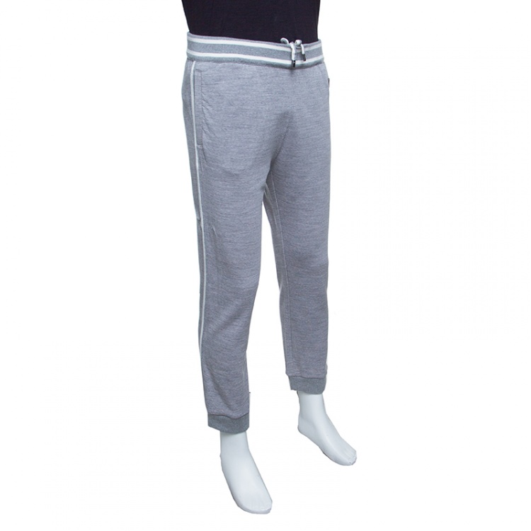 Pre Owned Z Zegna Techmerino Grey Contrast Striped Wool Logo Patch Jogger Pants M