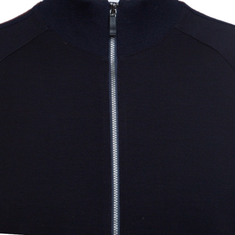 Pre Owned Z Zegna Techmerino Navy Blue Wool Contrast Striped Panel Zip Front Sweatshirt L